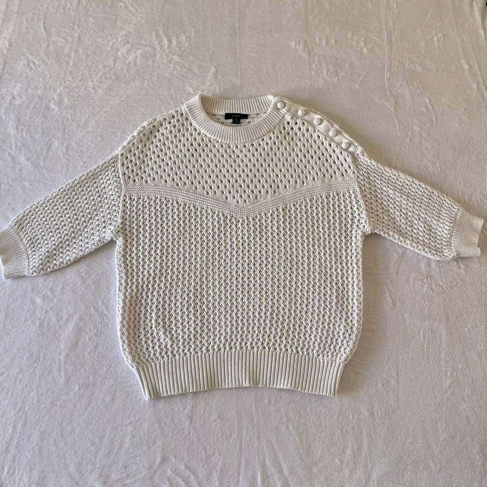 J.Crew Womens XS White Open Knit Cotton Sweater Shoulder Button Crewneck SP20